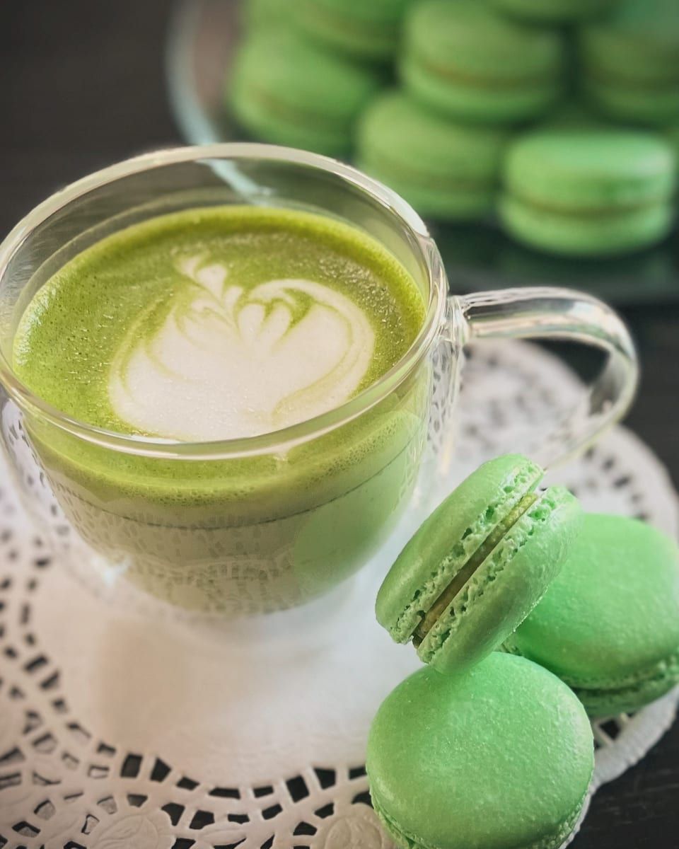 Green matcha macarons served beside a matcha latte